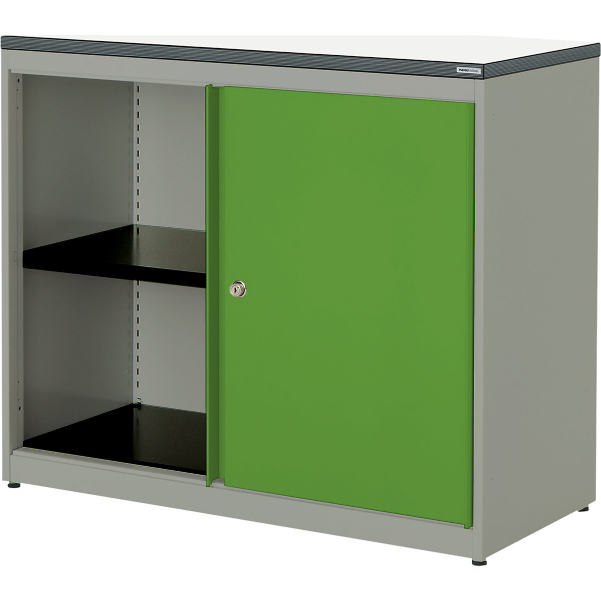 Sliding door cupboard – mauser, HxWxD 830 x 1000 x 432 mm, plastic panel, 1 shelf, white aluminium / yellow green / white-4