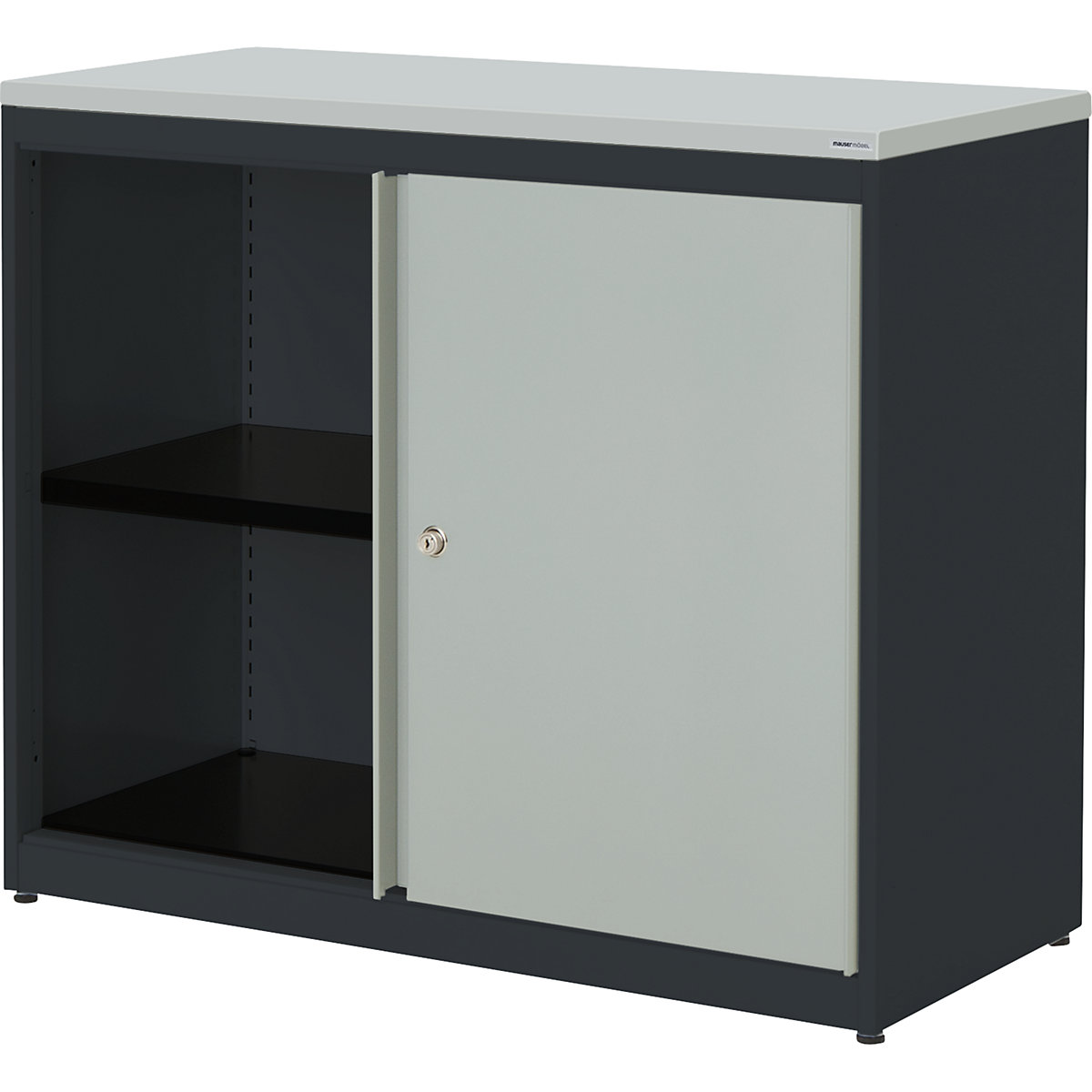Sliding door cupboard – mauser, HxWxD 830 x 1000 x 432 mm, plastic panel, 1 shelf, charcoal / light grey / light grey-5