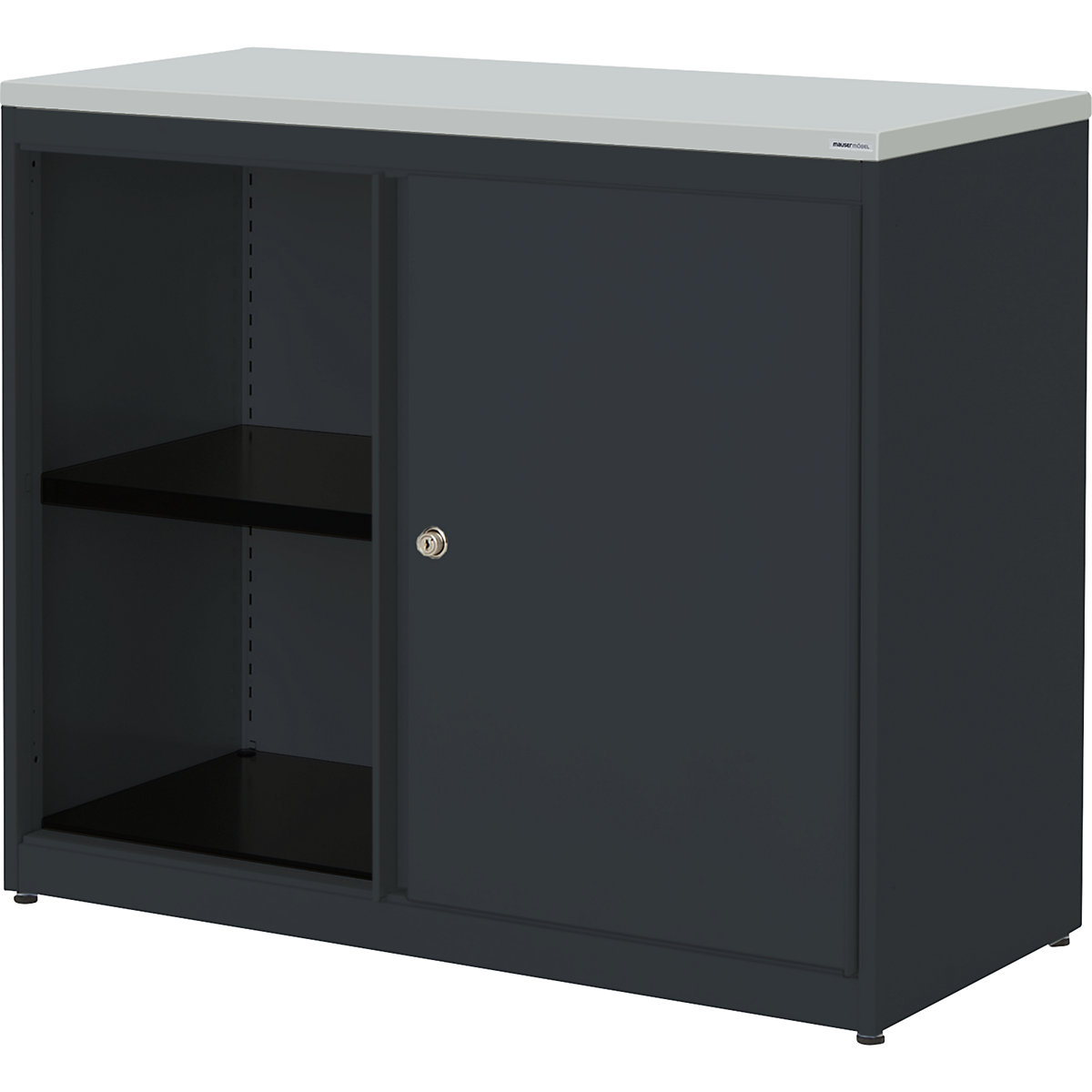 Sliding door cupboard – mauser, HxWxD 830 x 1000 x 432 mm, plastic panel, 1 shelf, charcoal / charcoal / light grey-2