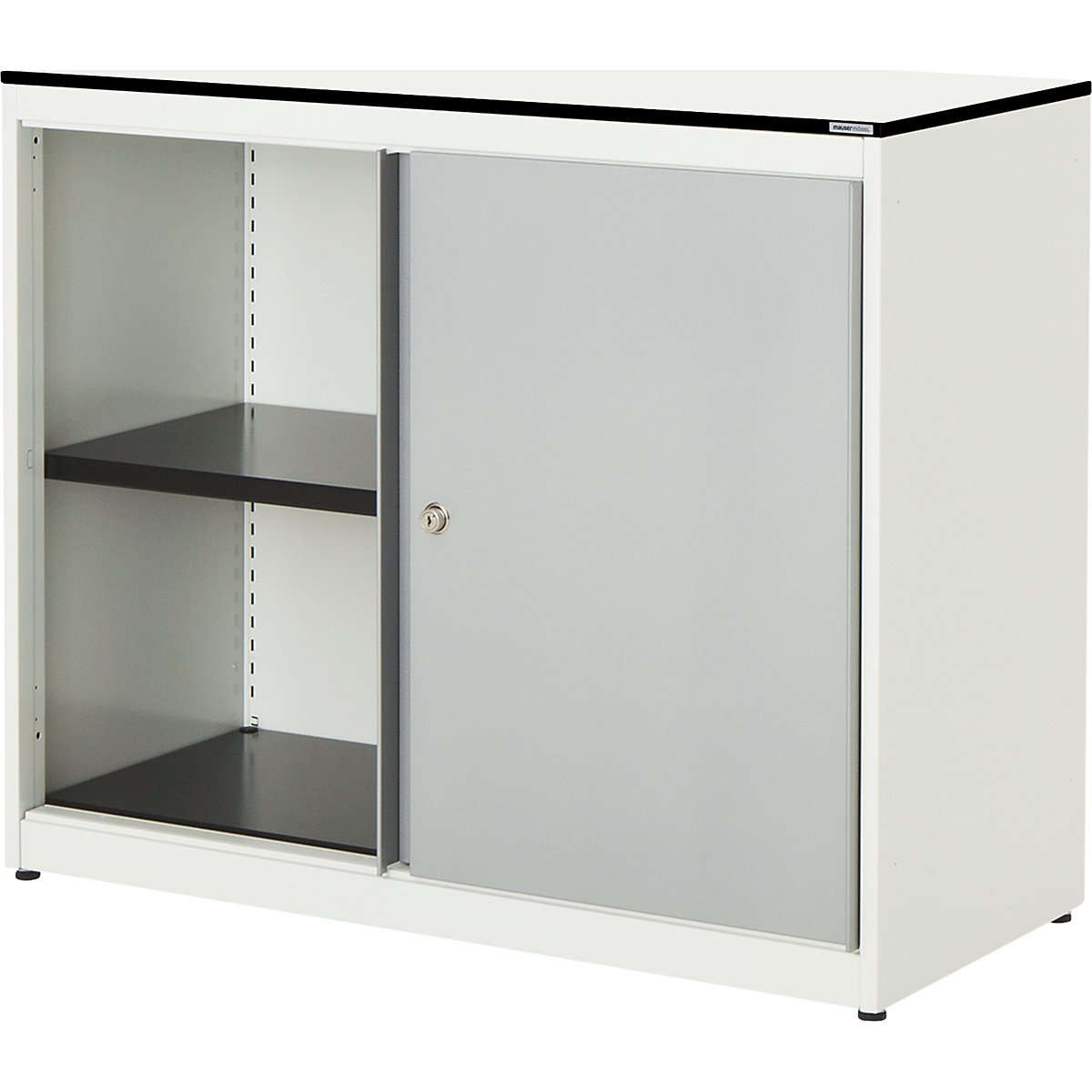 Sliding door cupboard – mauser, HxWxD 818 x 1000 x 432 mm, solid core panel, 1 shelf, pure white / white aluminium / white-2