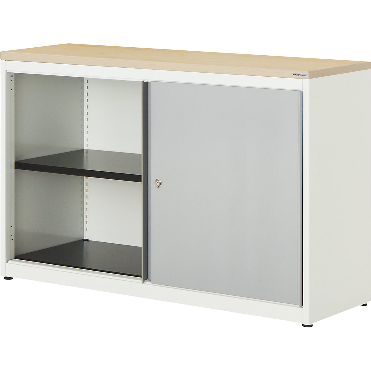 Sliding door cupboard – mauser, HxWxD 830 x 1200 x 432 mm, plastic panel, 1 shelf, pure white / white aluminium / maple-5