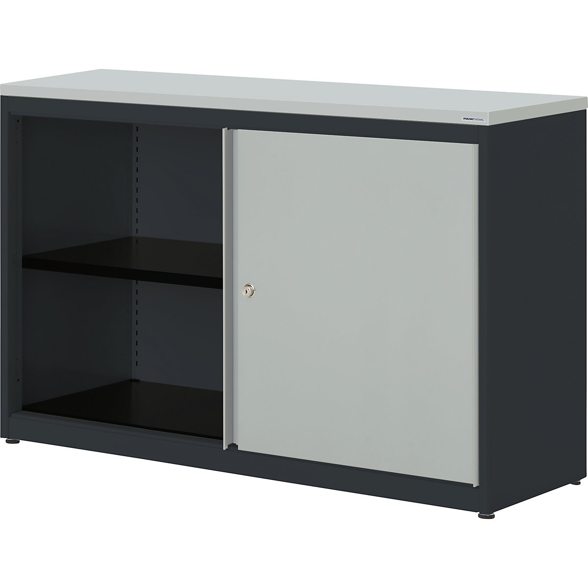 Sliding door cupboard – mauser, HxWxD 830 x 1200 x 432 mm, plastic panel, 1 shelf, charcoal / light grey / light grey-4
