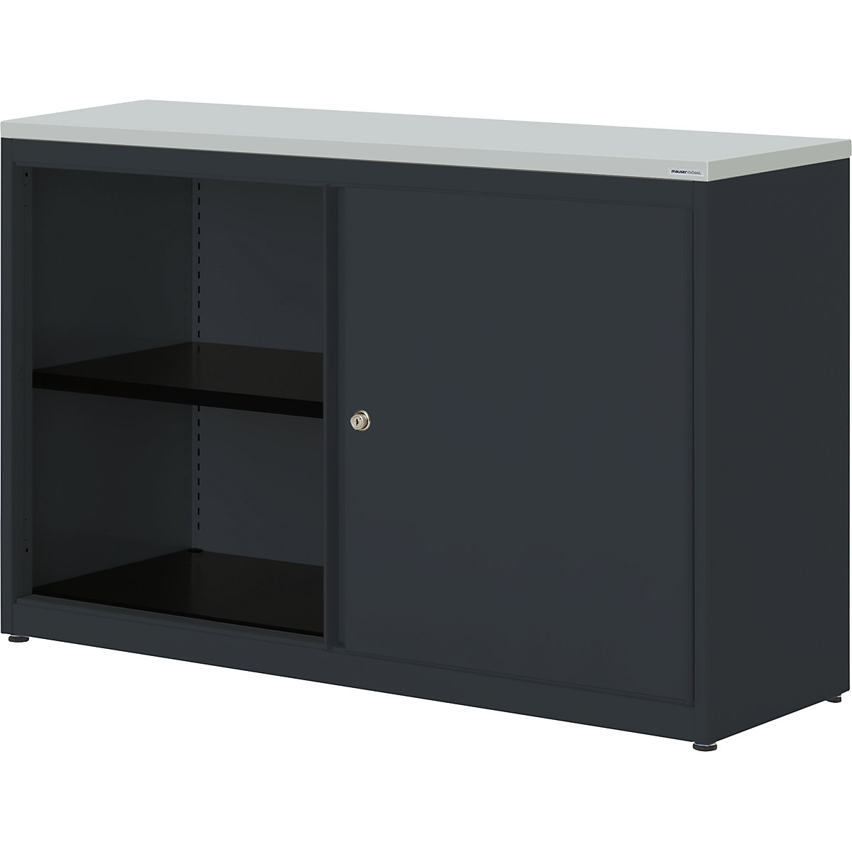 Sliding door cupboard – mauser, HxWxD 830 x 1200 x 432 mm, plastic panel, 1 shelf, charcoal / charcoal / light grey-8