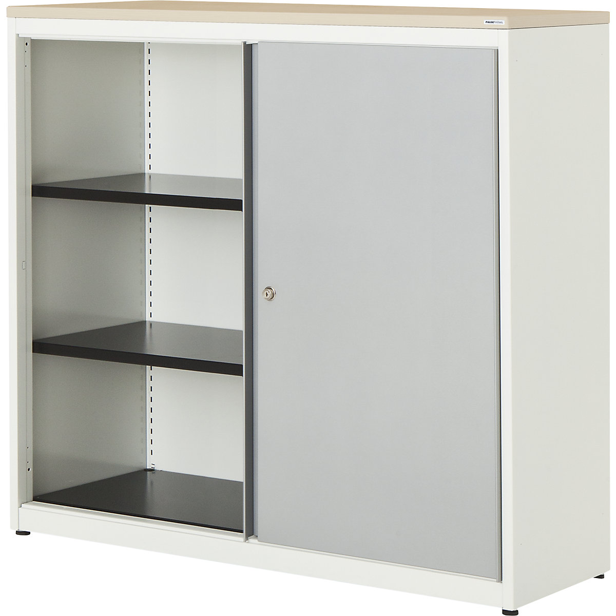 Sliding door cupboard – mauser, HxWxD 1180 x 1200 x 432 mm, plastic panel, 2 shelves, pure white / white aluminium / maple-6