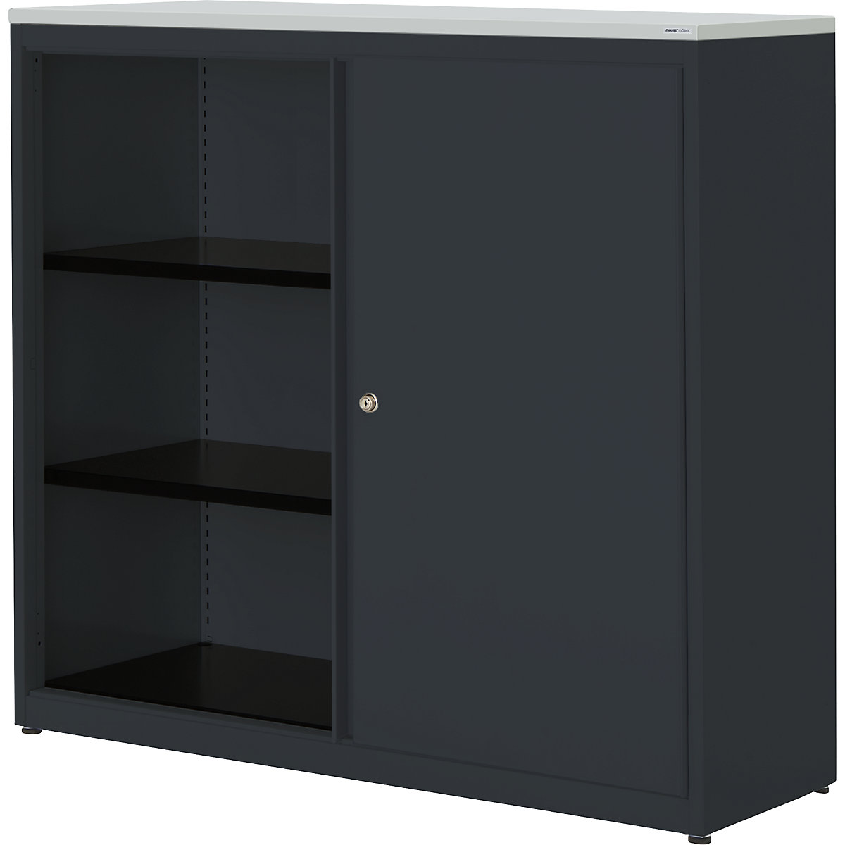 Sliding door cupboard – mauser, HxWxD 1180 x 1200 x 432 mm, plastic panel, 2 shelves, charcoal / charcoal / light grey-3