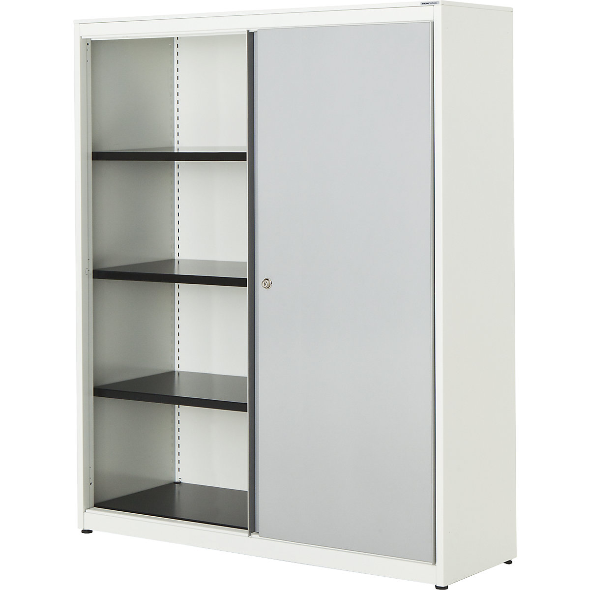 Sliding door cupboard – mauser, HxWxD 1516 x 1200 x 432 mm, steel plate, 3 shelves, pure white / white aluminium / pure white-4