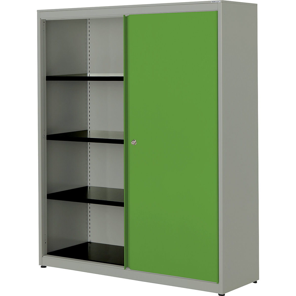 Sliding door cupboard – mauser, HxWxD 1516 x 1200 x 432 mm, steel plate, 3 shelves, white aluminium / yellow green / white aluminium-3