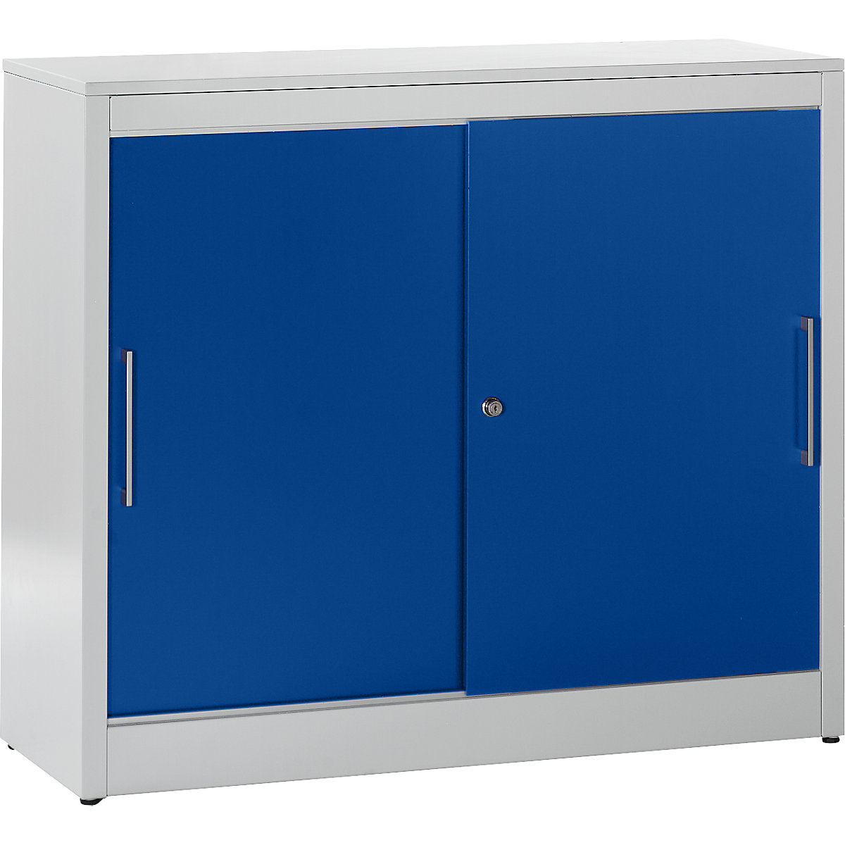 Sliding door cupboard – mauser, sideboard with 2 shelves, HxWxD 1040 x 1200 x 420 mm, light grey / ultramarine blue-6