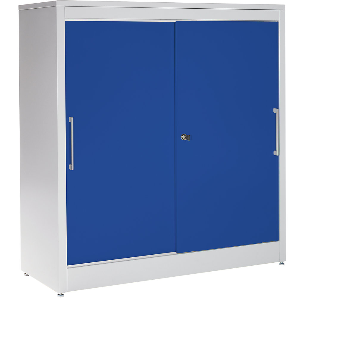 Sliding door cupboard – mauser, sideboard with 2 shelves, HxWxD 1240 x 1200 x 420 mm, light grey / ultramarine blue-7