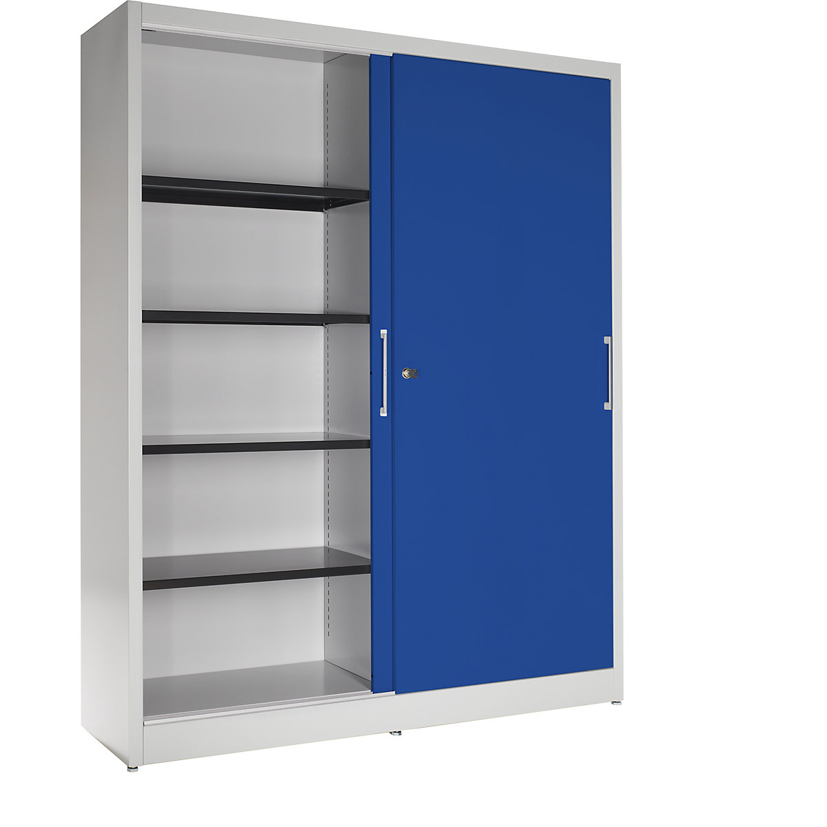 Sliding door cupboard – mauser, with 8 shelves, centre partition, HxWxD 1965 x 1600 x 420 mm, light grey / ultramarine blue-6