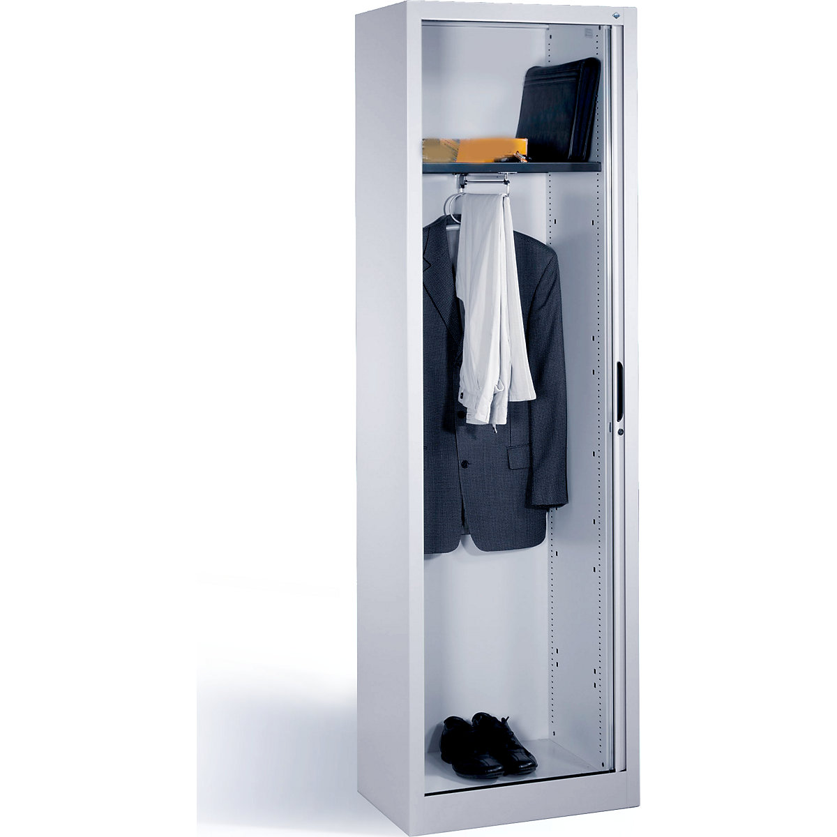 Wardrobe with horizontal roller shutter – C+P, HxWxD 1980 x 600 x 420 mm, 1 shelf, 1 clothes rail, white aluminium-5