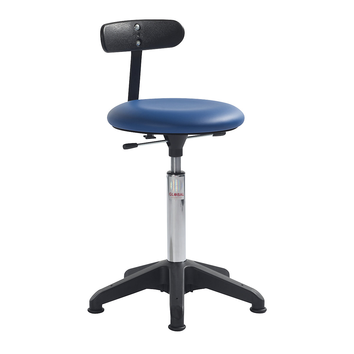 Industrial stool, height adjustable, with floor glides and back rest, blue, height 480 – 670 mm-2