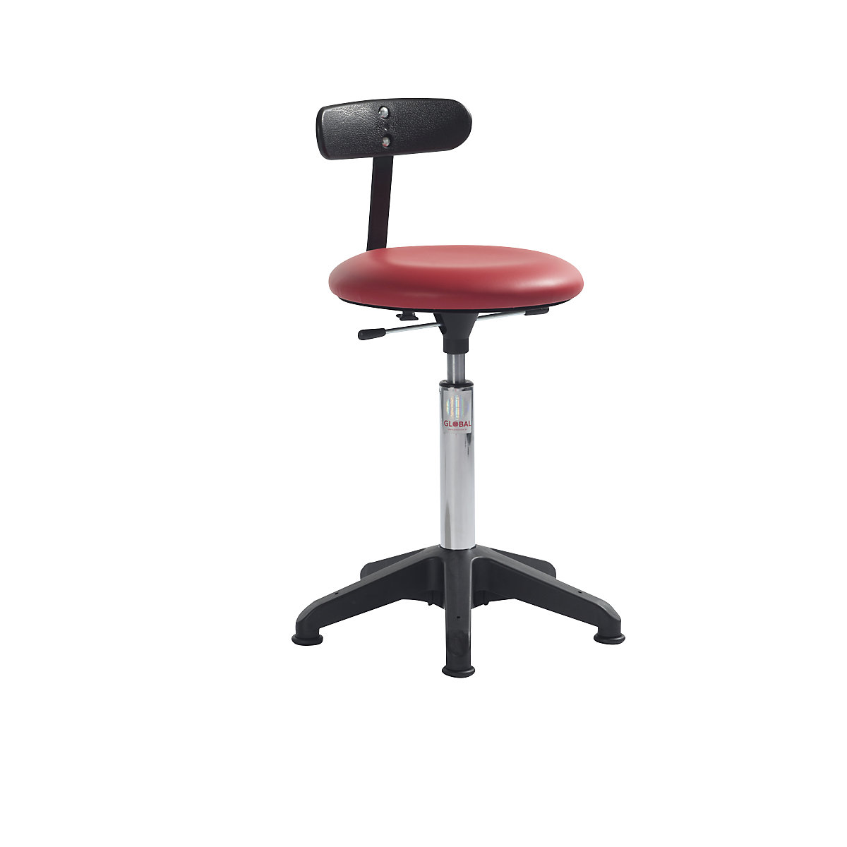 Industrial stool, height adjustable, with floor glides and back rest, red, height 480 – 670 mm-4