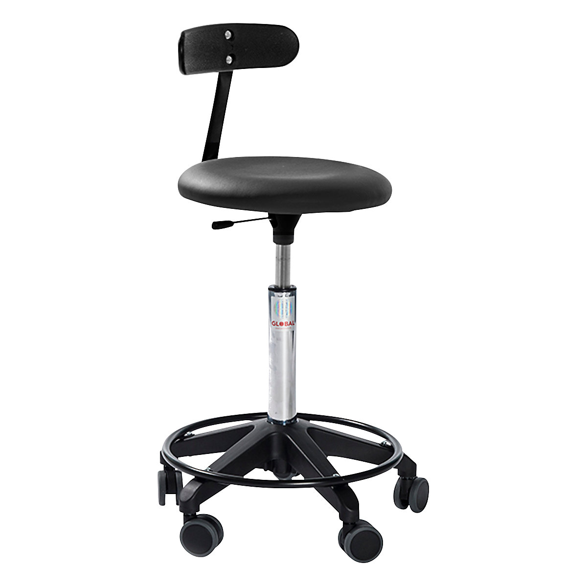 Industrial stool, height adjustable, with castors and back rest, black, height 450 – 580 mm-5
