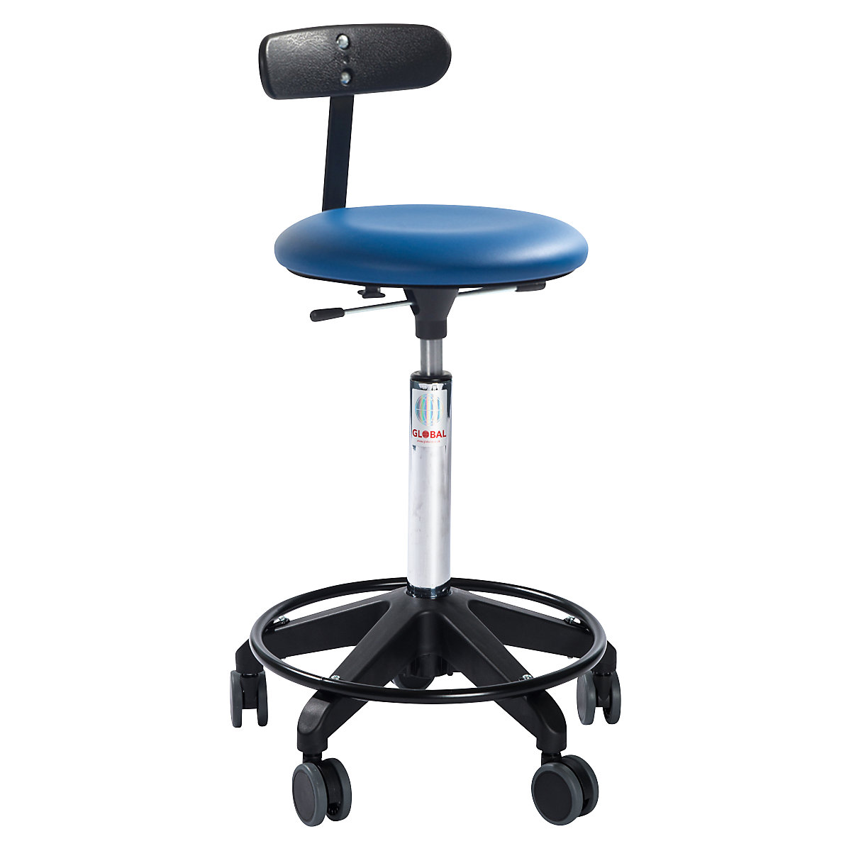Industrial stool, height adjustable, with castors and back rest, blue, height 540 – 730 mm-6