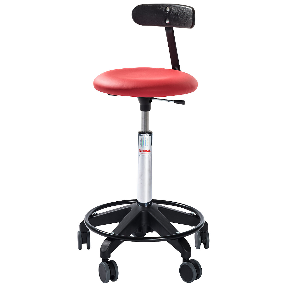 Industrial stool, height adjustable, with castors and back rest, red, height 540 – 730 mm-3