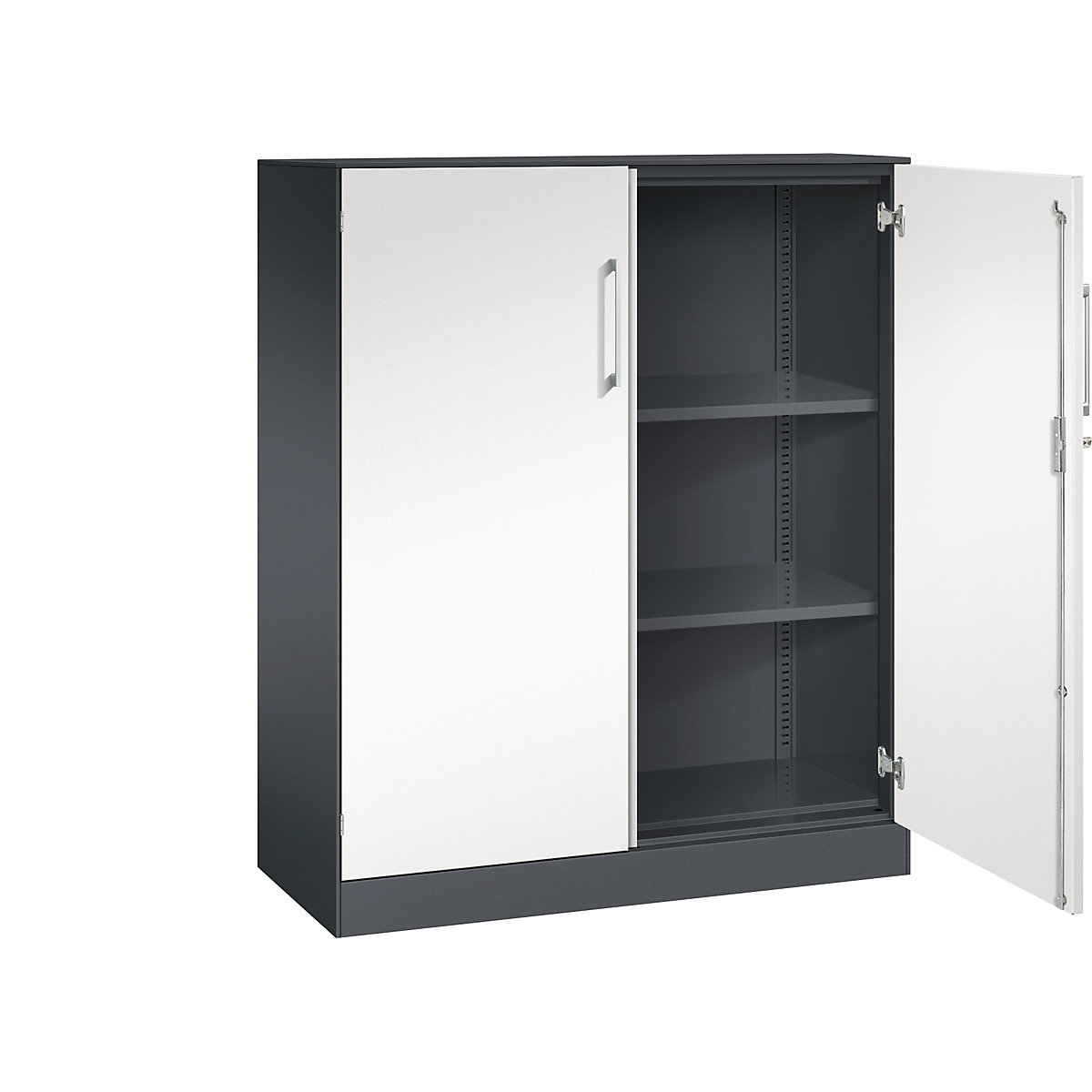 ASISTO double door cupboard, height 1292 mm – C+P, width 1000 mm, 2 shelves, black grey/traffic white-17