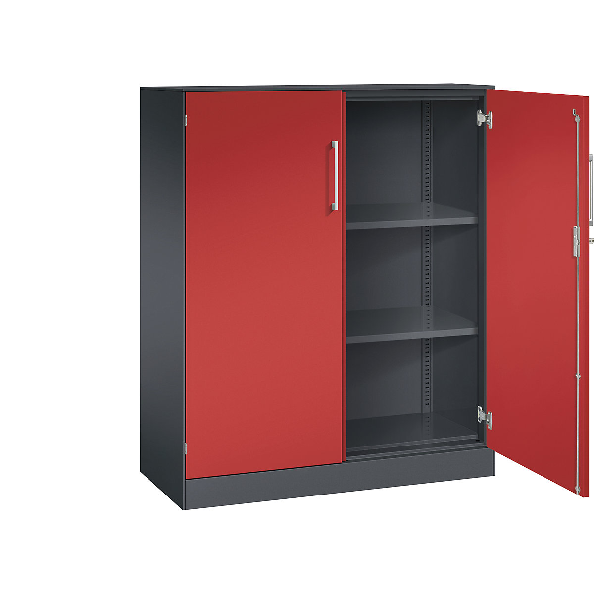 ASISTO double door cupboard, height 1292 mm – C+P, width 1000 mm, 2 shelves, black grey/flame red-19