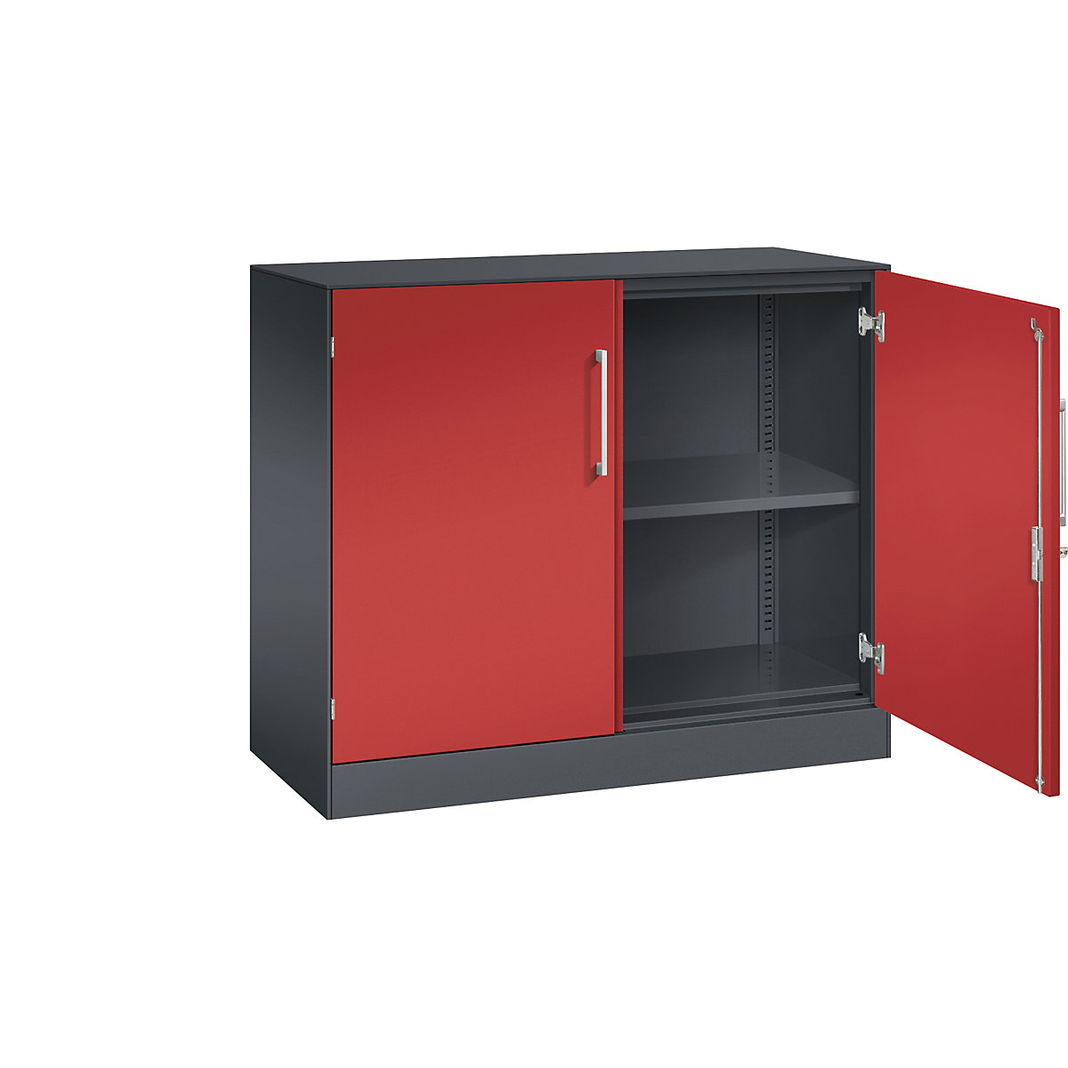 ASISTO double door cupboard, height 897 mm – C+P, width 1000 mm, 1 shelf, black grey/flame red-16