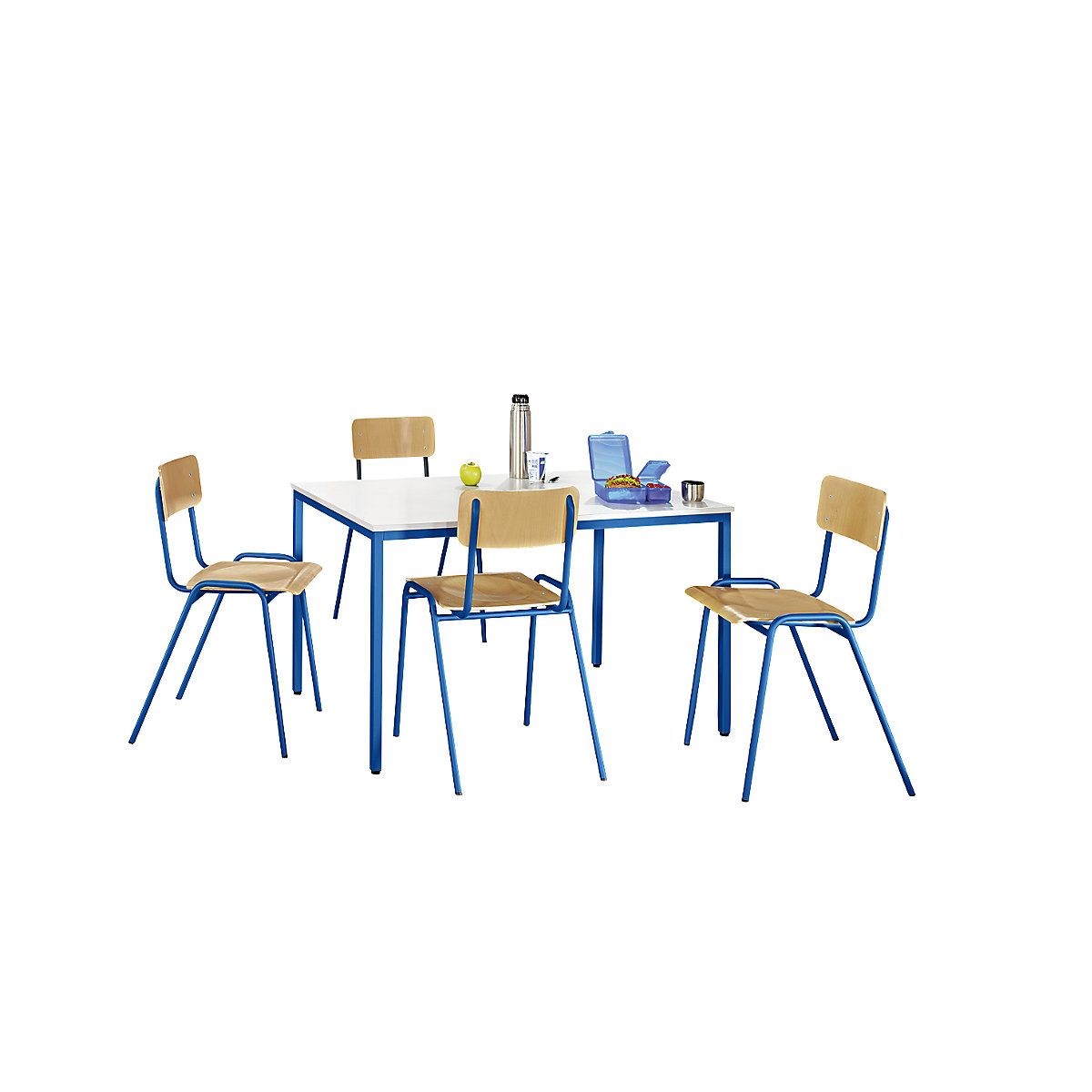 Multi-purpose seating unit – eurokraft basic, 1 table, 4 chairs, tabletop in light grey, gentian blue frame-5