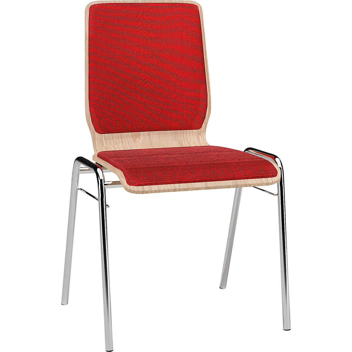 NUKI wooden stacking chair, upholstered, chrome plated frame, pack of 4, red upholstery-5