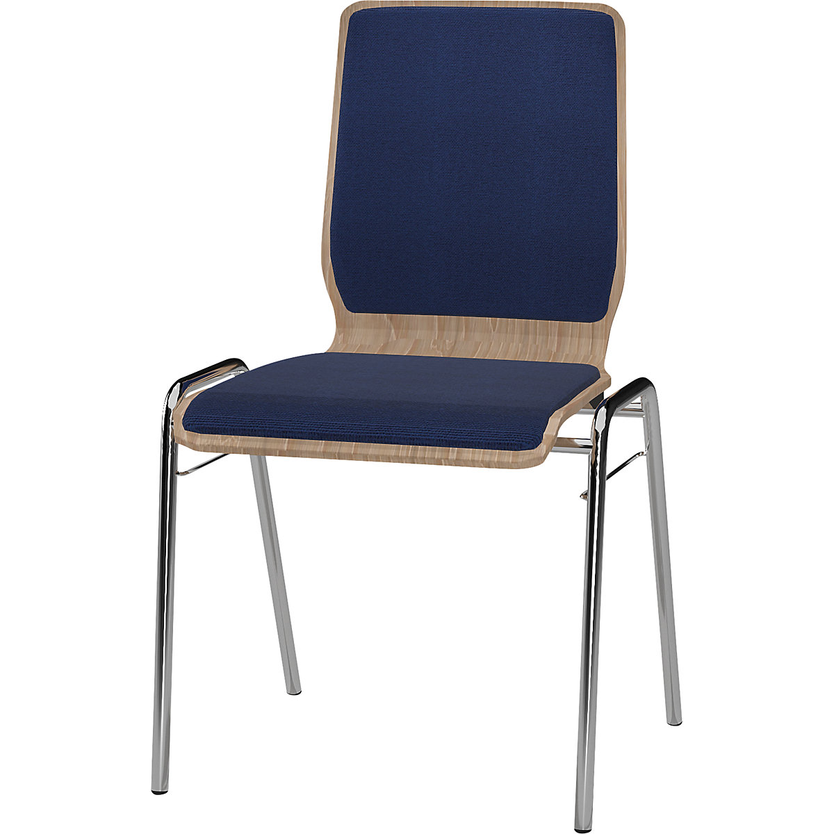 NUKI wooden stacking chair, upholstered, chrome plated frame, pack of 4, royal blue upholstery-3