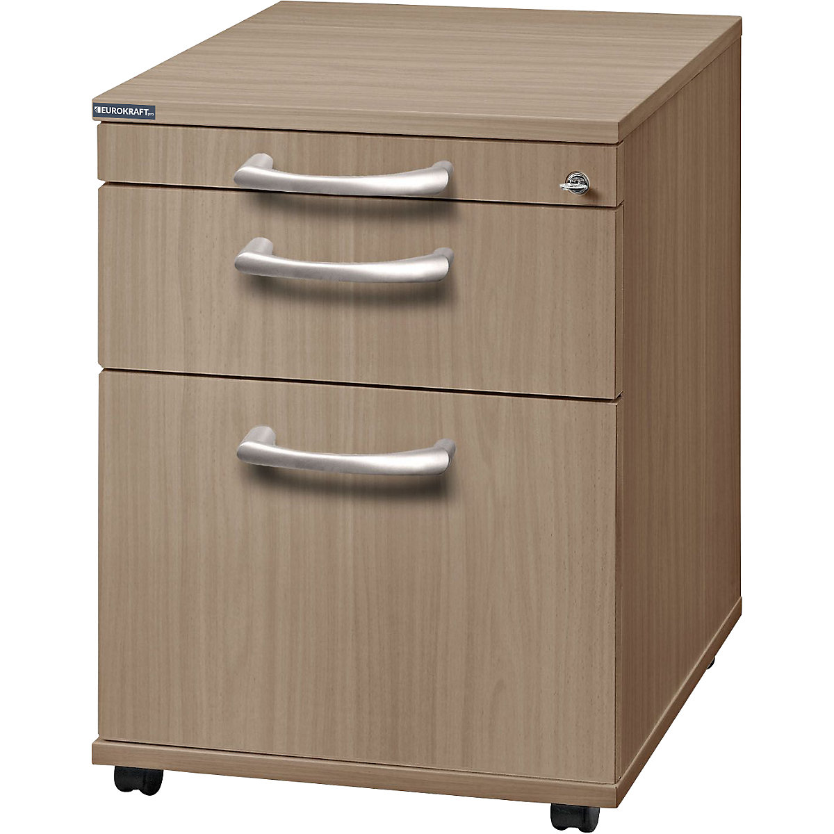 Mobile pedestal ANNY – eurokraft pro, 1 utensil drawer, 1 drawer, 1 file suspension drawer, depth 580 mm, walnut finish-6