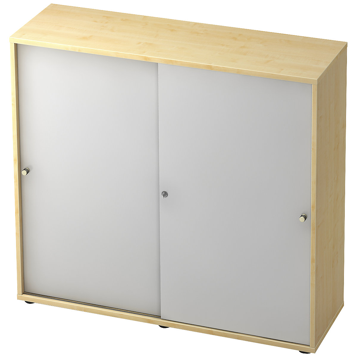 Sliding door cupboard ANNY – eurokraft pro, 2 shelves, centre partition, maple finish / white aluminium-6