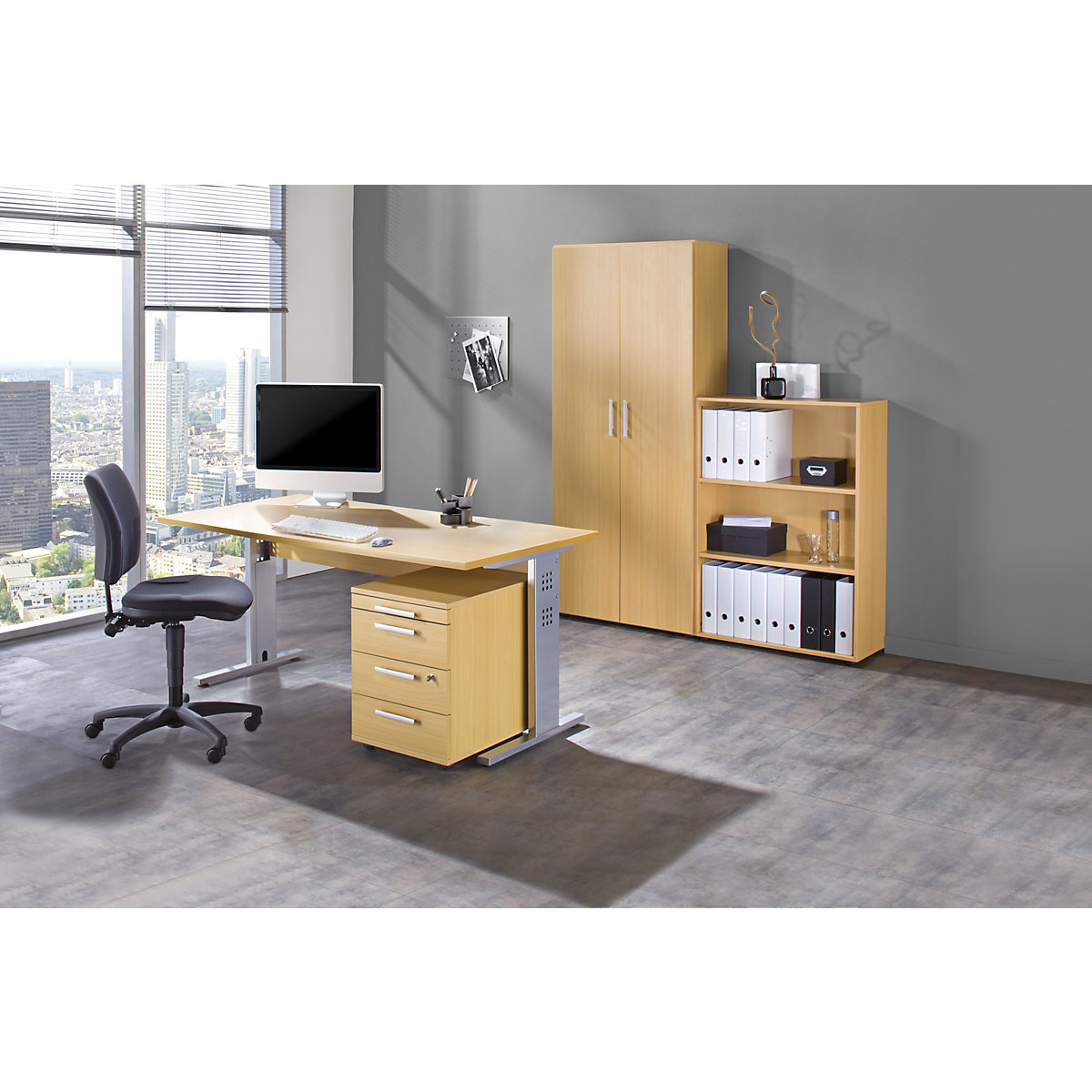 Office package MULTI, 1 table, 1 shelf unit, 1 mobile pedestal, 1 filing cupboard, with black office swivel chair, beech finish-3