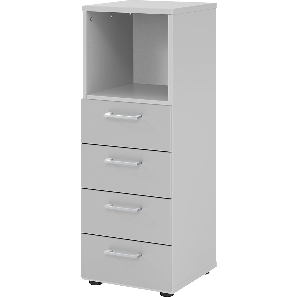 Shelf unit RENATUS – eurokraft pro, 1 open compartment / 4 drawers, silver coloured, light grey-10
