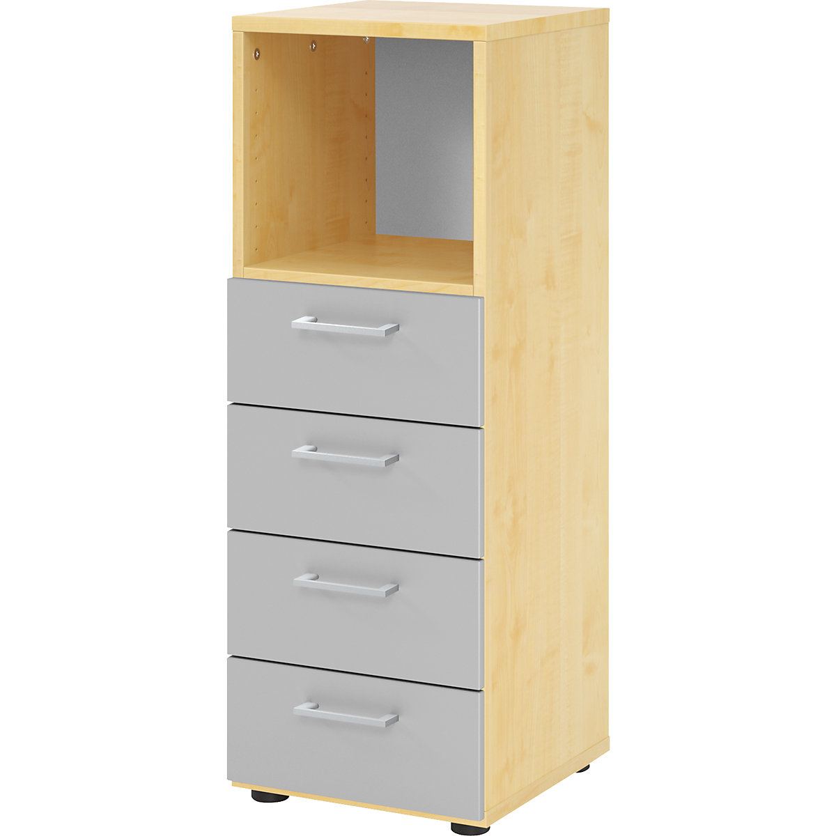 Shelf unit RENATUS – eurokraft pro, 1 open compartment / 4 drawers, silver coloured, maple finish-11