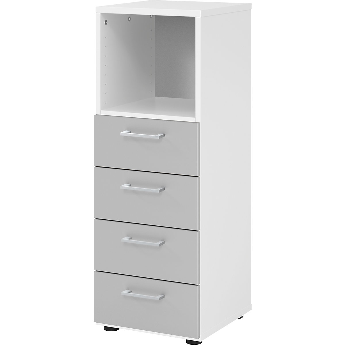 Shelf unit RENATUS – eurokraft pro, 1 open compartment / 4 drawers, silver coloured, white-9