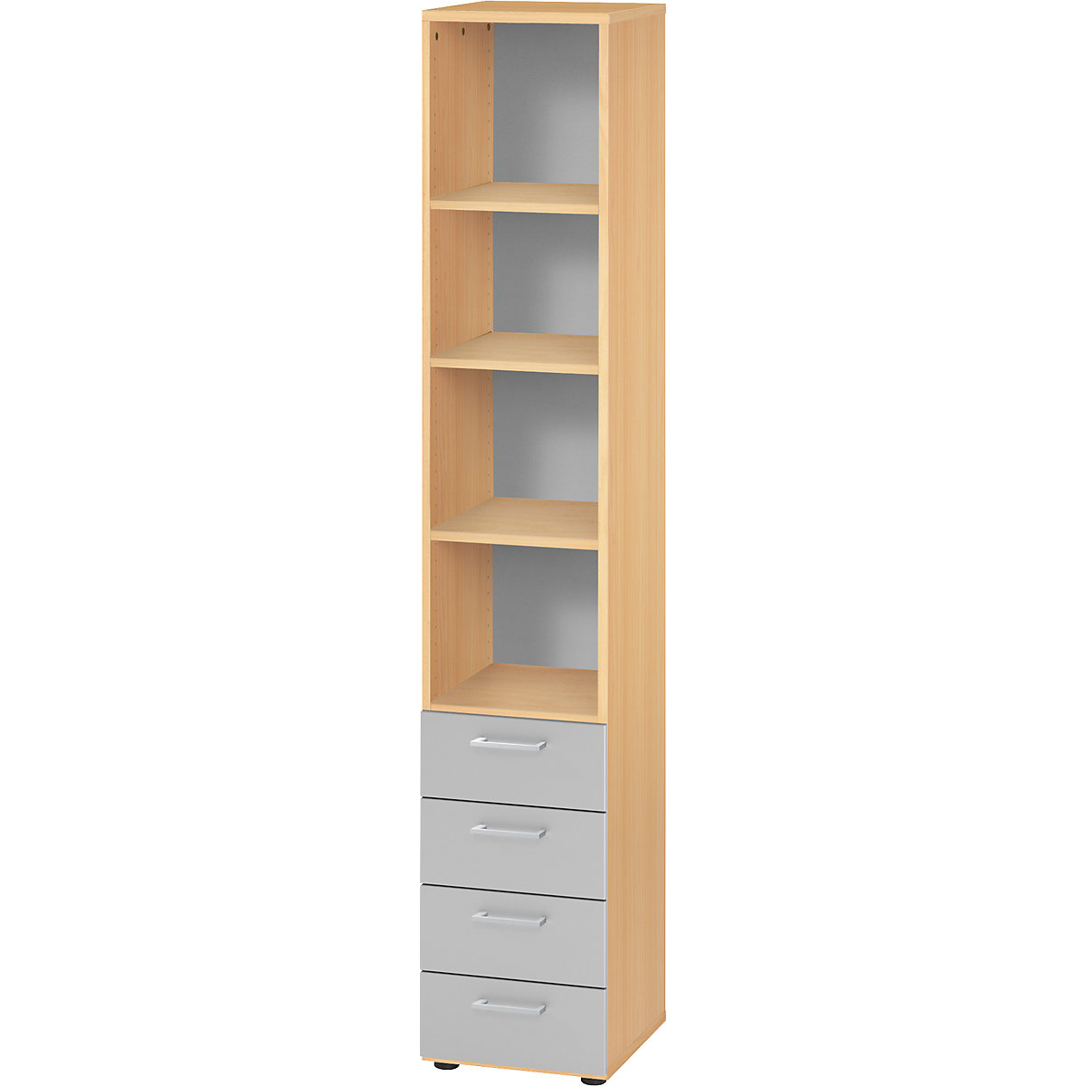Shelf unit RENATUS – eurokraft pro, 3 shelves / 4 drawers, silver coloured, beech finish-9