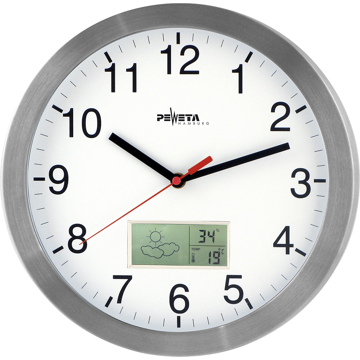 Reloj de pared con radio-control con indicación digital de termómetro/higrómetro