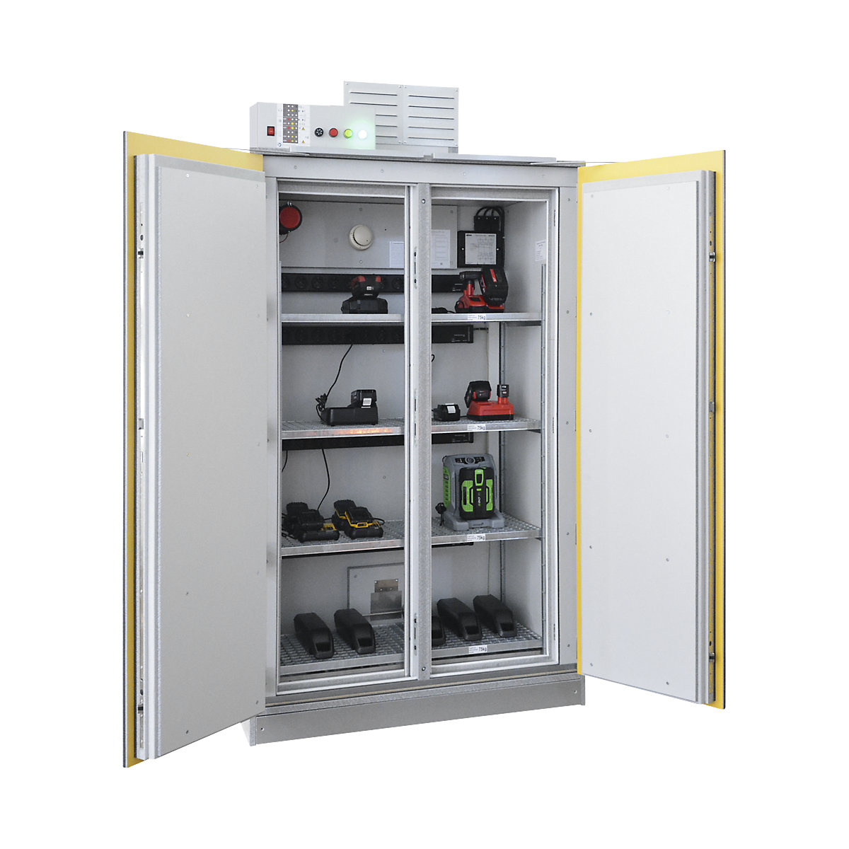 Omara za varno shranjevanje akumulatorskih baterij SiS Li-Ion 90 Safe Pro – LaCont, s sistemom za gašenje požara, VxŠ 2250 x 1212 mm, 4 letve z vtičnicami-1