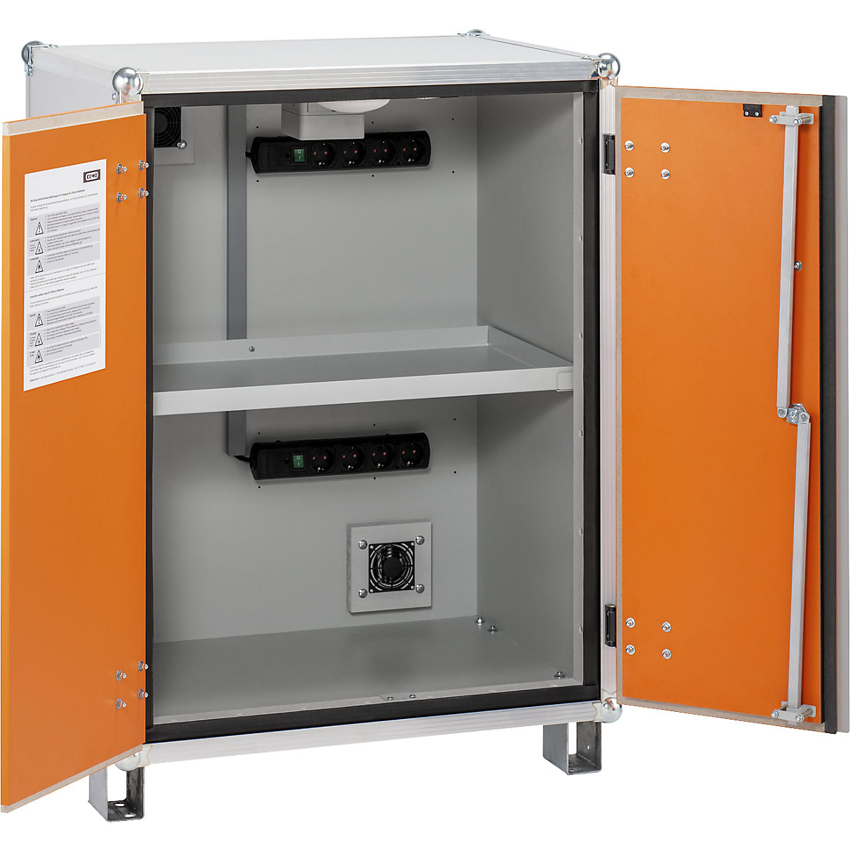 Veilige acculaadkast BASIC – CEMO, met voeten, hoogte 1110 mm, 400 V, oranje/grijs-1