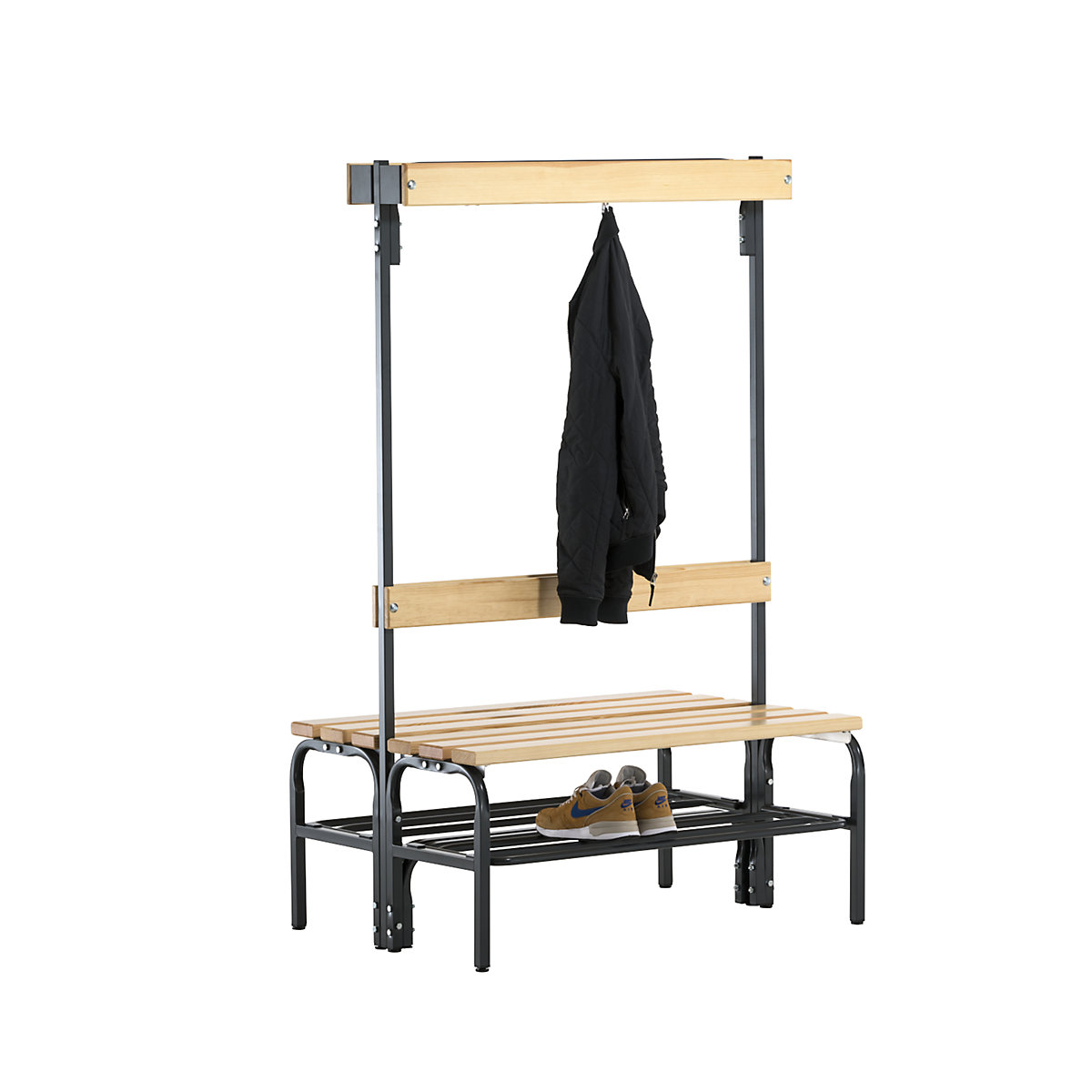 Garderobna klop z obešalno letvijo – Sypro, obojestranska, 6 kljukic, 1015 mm, antracitne barve, rešetka za čevlje-3