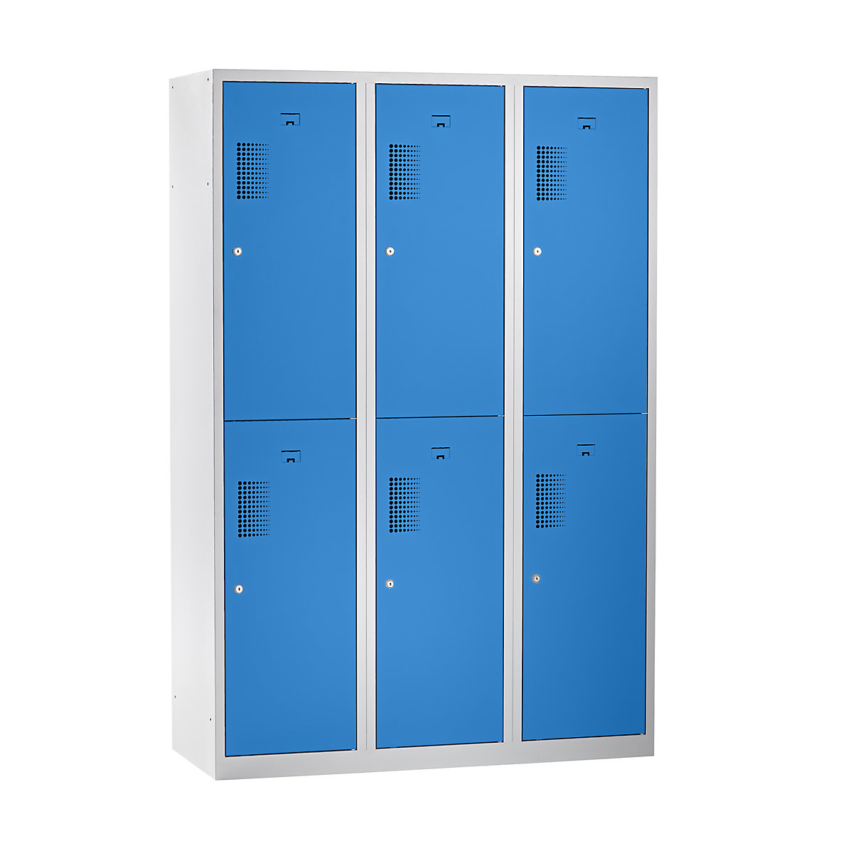 Garderobna omara AMSTERDAM – eurokraft basic, predelki s polovično višino, širina 1200 mm, 6 predelkov, svetlo sive / svetlo modre barve-16