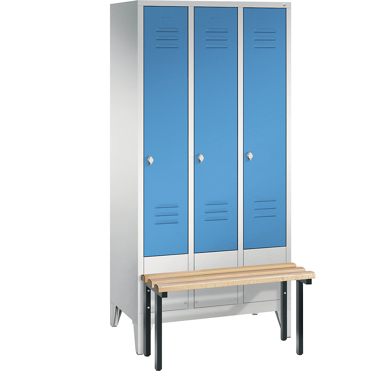 Garderobna omara CLASSIC s klopjo – C+P, 3 predelki, širina 300 mm/predelek, svetlo sive / svetlo modre barve-4
