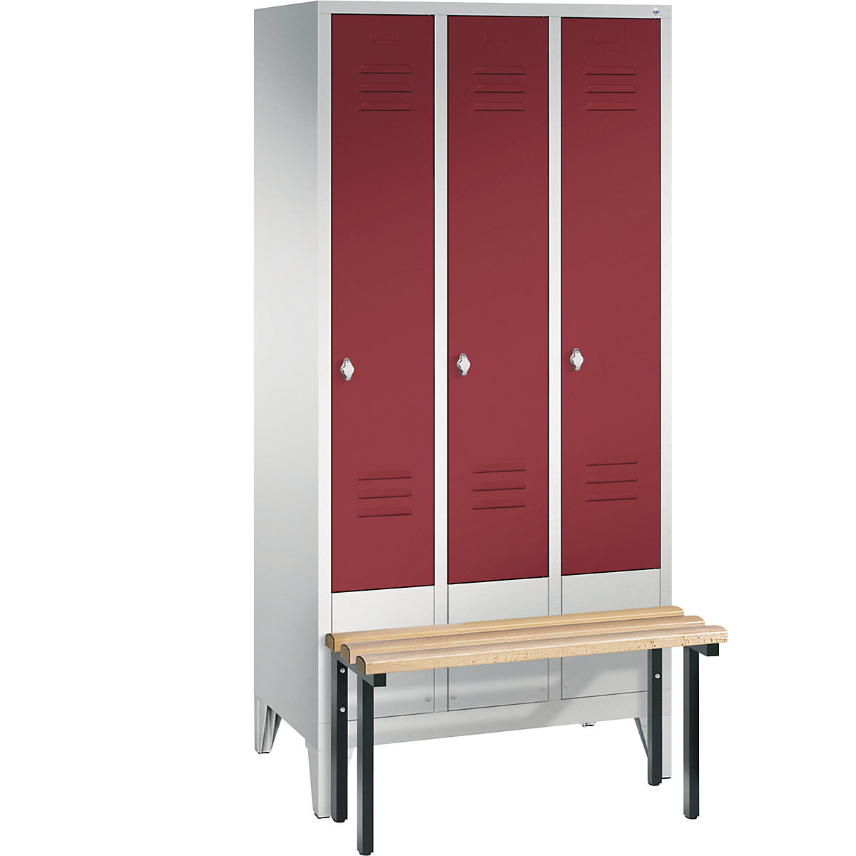 Garderobna omara CLASSIC s klopjo – C+P, 3 predelki, širina 300 mm/predelek, svetlo sive / rubinasto rdeče barve-10