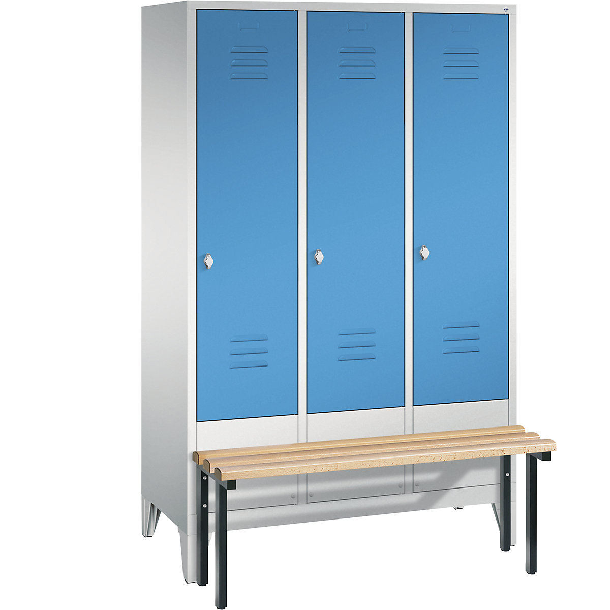 Garderobna omara CLASSIC s klopjo – C+P, 3 predelki, širina 400 mm/predelek, svetlo sive / svetlo modre barve-11