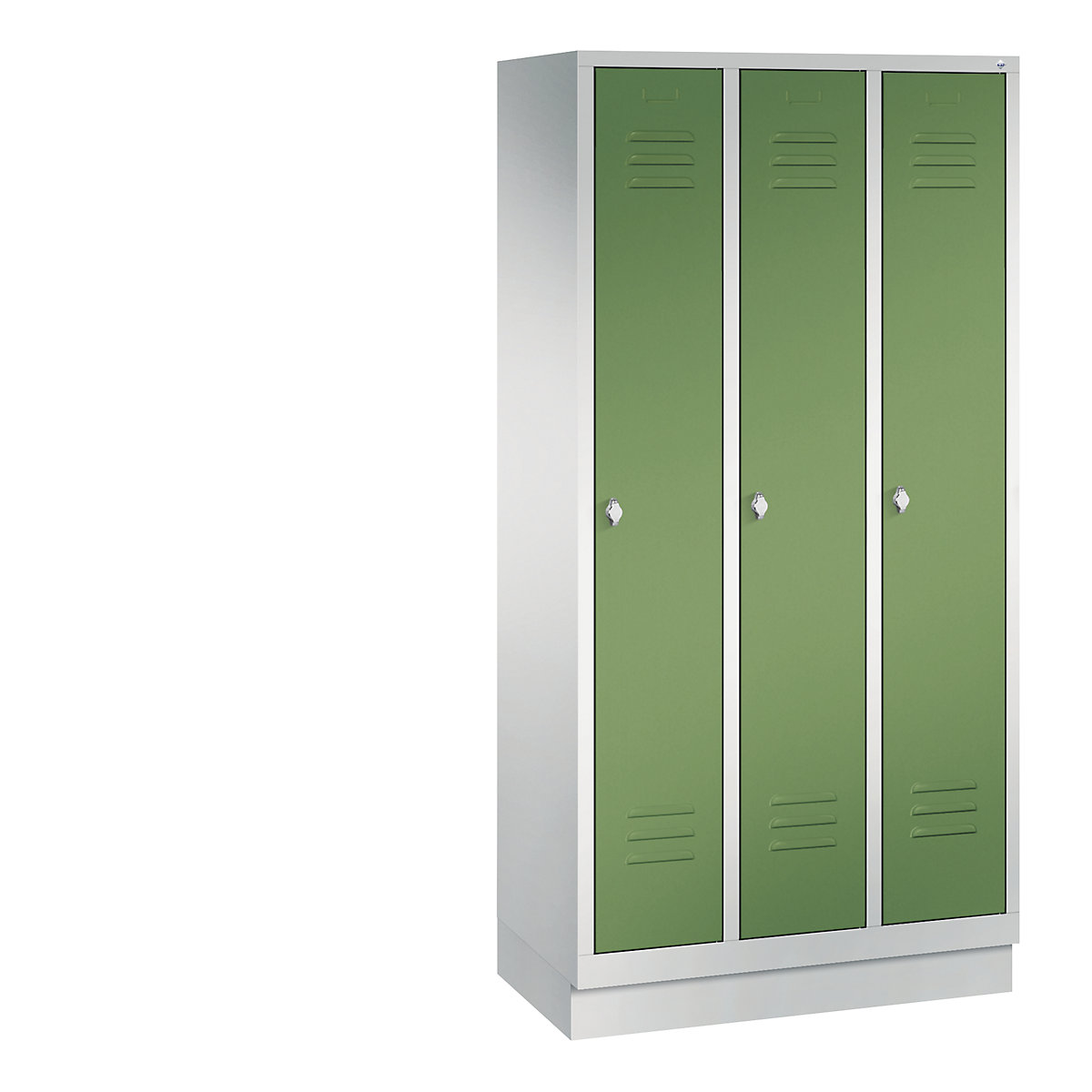 Garderobna omara CLASSIC s podnožjem – C+P, 3 predelki, širina 300 mm/predelek, svetlo sive / reseda zelene barve-14