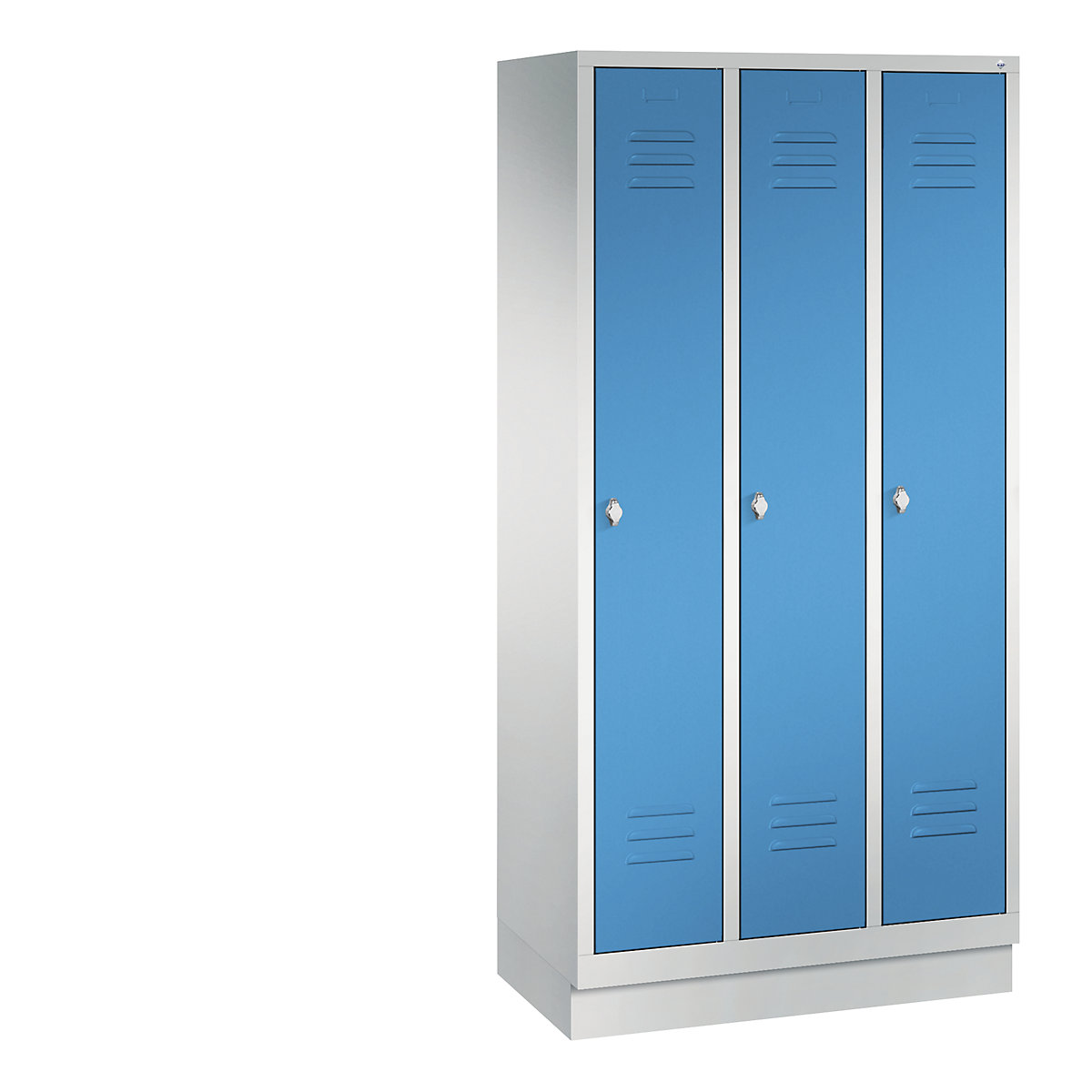 Garderobna omara CLASSIC s podnožjem – C+P, 3 predelki, širina 300 mm/predelek, svetlo sive / svetlo modre barve-4