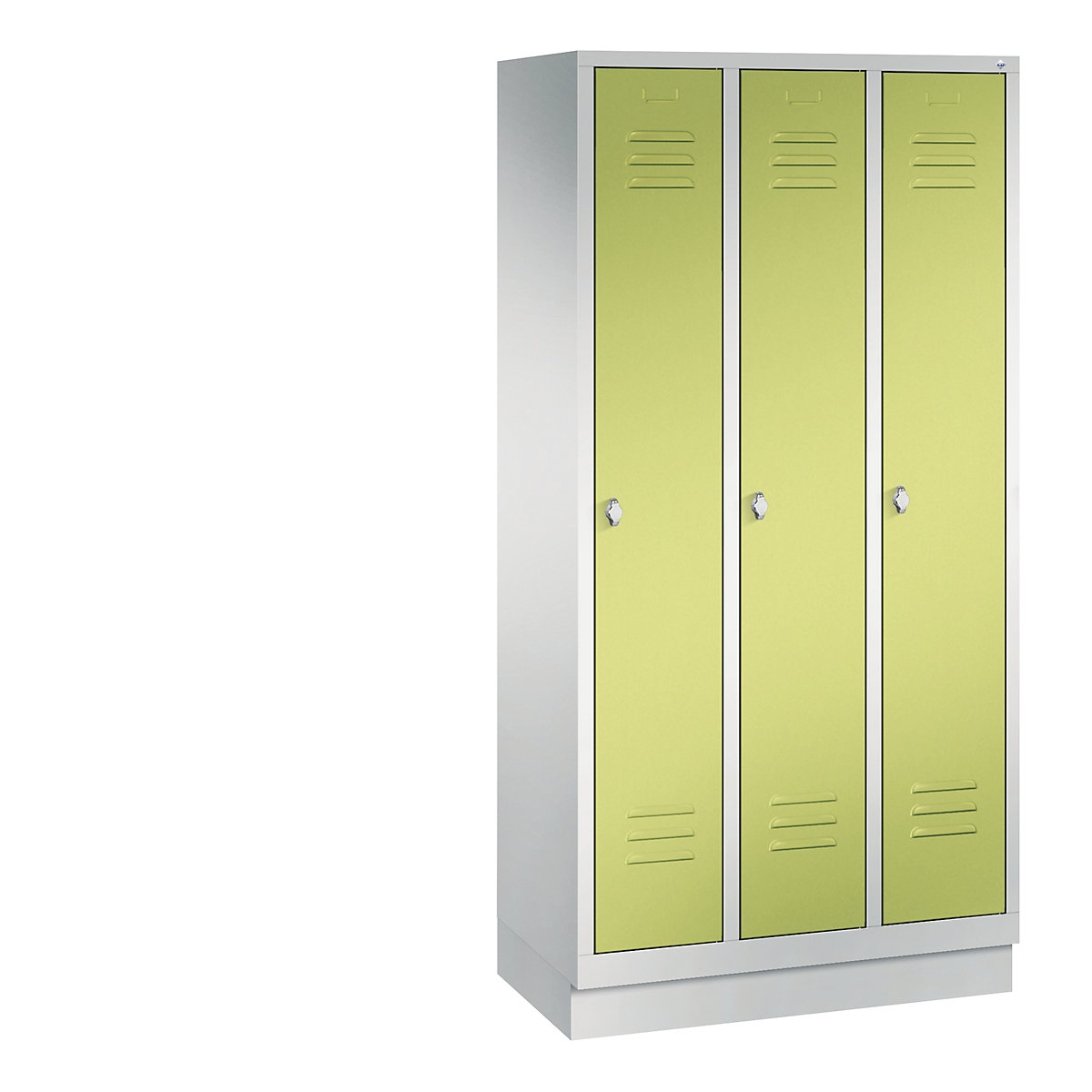Garderobna omara CLASSIC s podnožjem – C+P, 3 predelki, širina 300 mm/predelek, svetlo sive / rumeno zelene barve-6