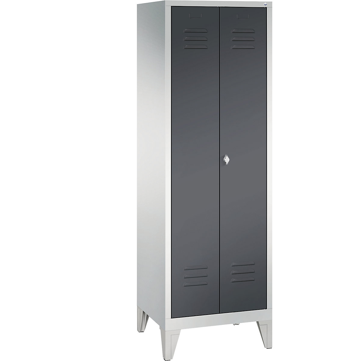 Garderobna omara CLASSIC z nogami in dvokrilnimi vrati na stik – C+P, 2 predelka, širina 300 mm/predelek, svetlo sive / črno sive barve-6