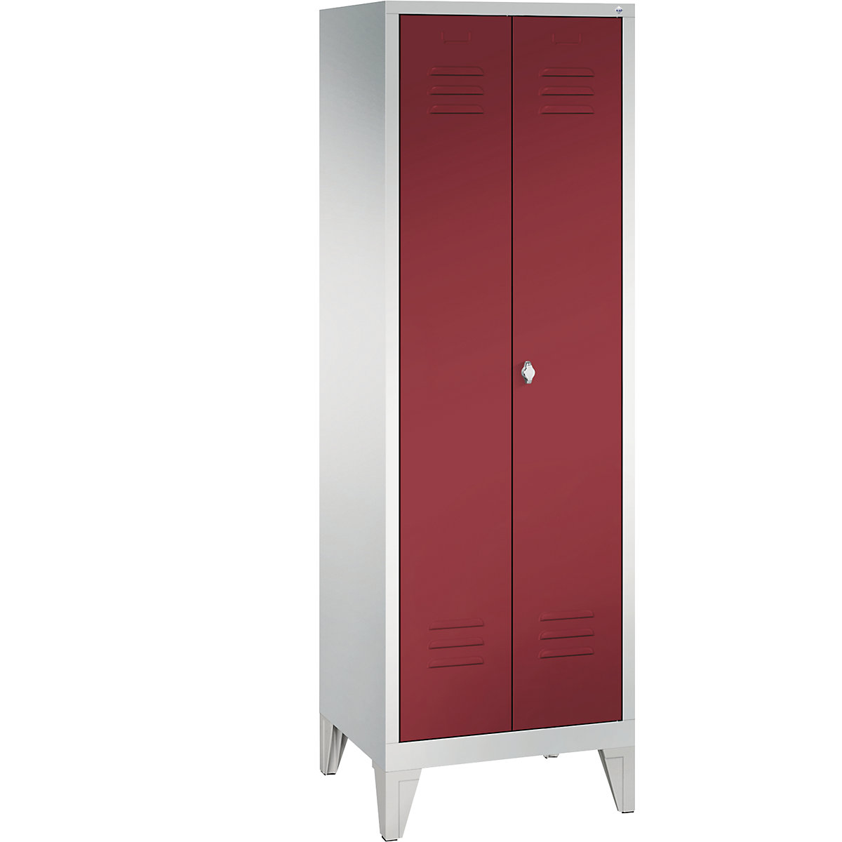 Garderobna omara CLASSIC z nogami in dvokrilnimi vrati na stik – C+P, 2 predelka, širina 300 mm/predelek, svetlo sive / rubinasto rdeče barve-7