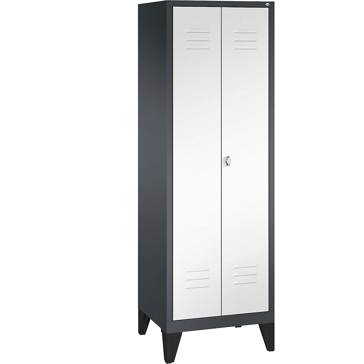 Garderobna omara CLASSIC z nogami in dvokrilnimi vrati na stik – C+P, 2 predelka, širina 300 mm/predelek, črno sive / prometno bele barve-12