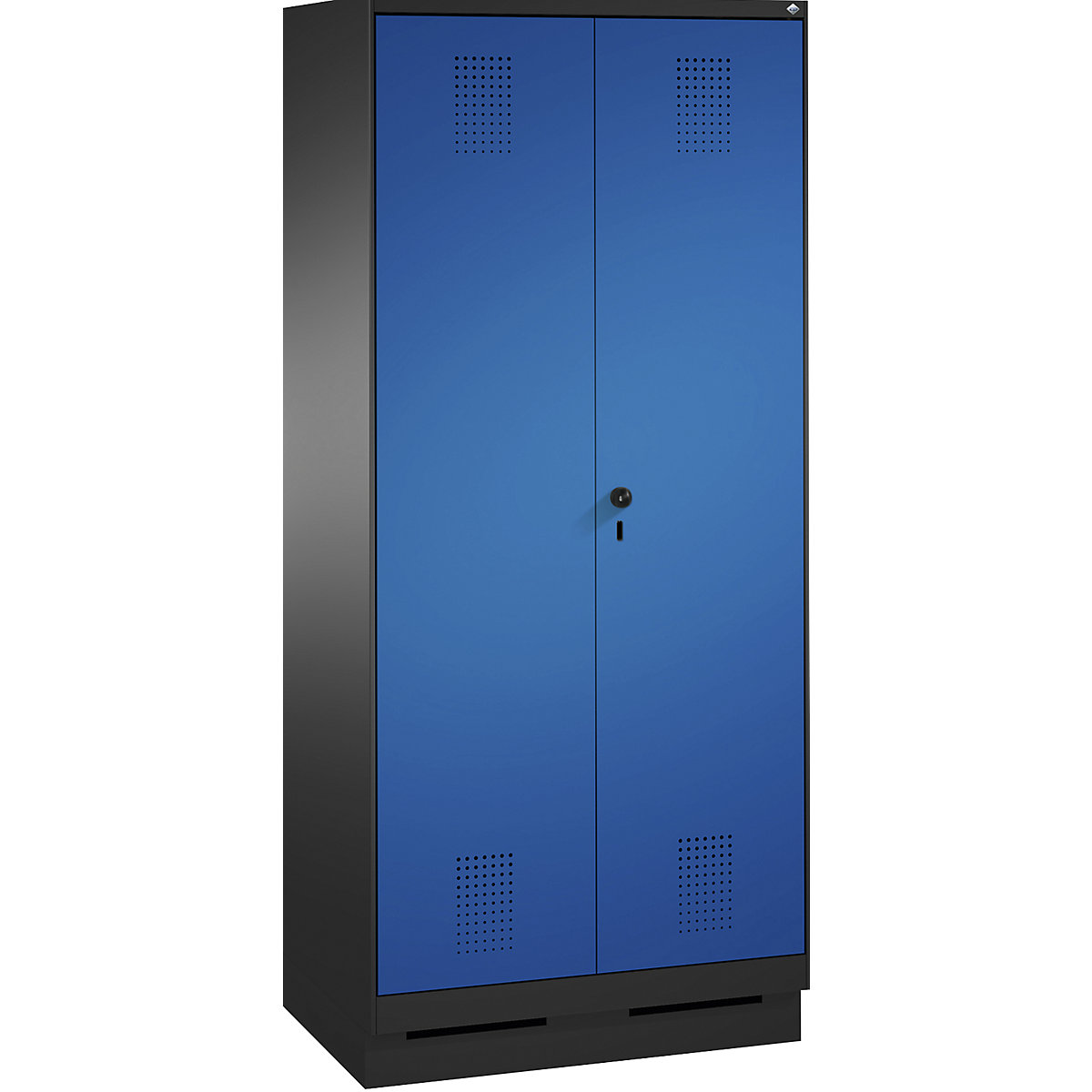Garderobna omara EVOLO, dvokrilna vrata – C+P, 2 razdelka, širina razdelka 400 mm, s podnožjem, črno siva / encijan modra-15