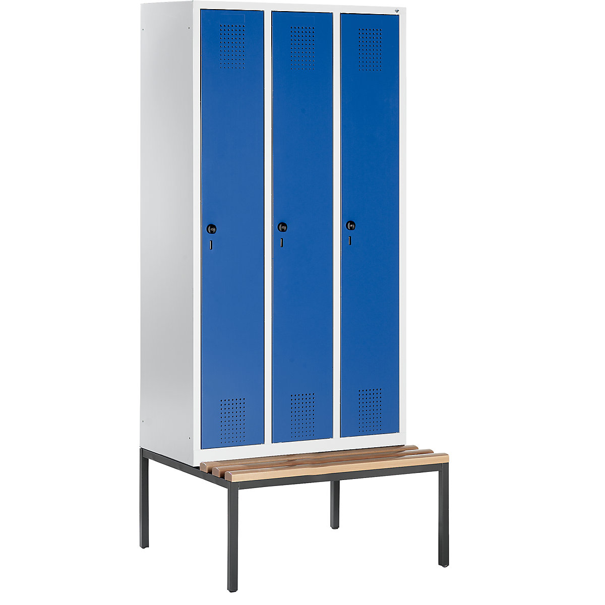 Garderobna omara EVOLO – C+P, s klopjo, 3 razdelki, širina razdelka 300 mm, svetlo siva / encijan modra-5