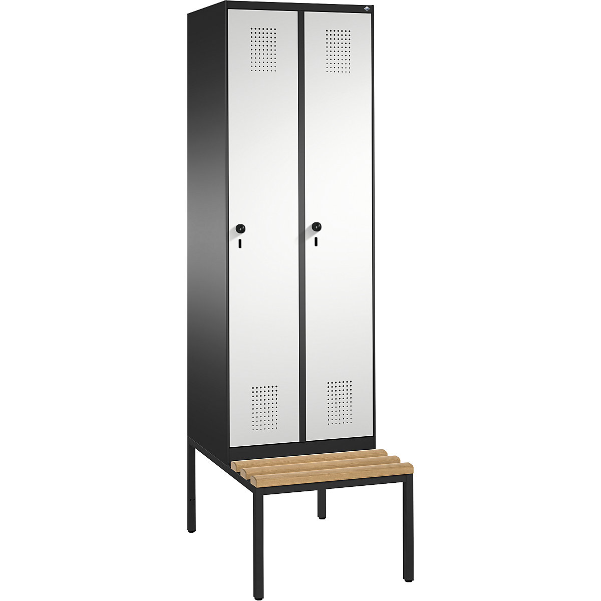 Garderobna omara EVOLO, s klopjo – C+P, 2 razdelka, širina razdelka 300 mm, črno siva / svetlo siva-7